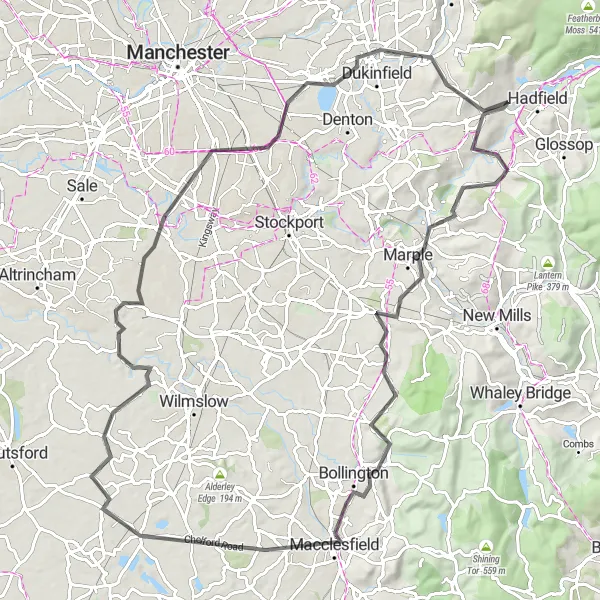 Map miniature of "Charlesworth Cycling Adventure" cycling inspiration in Greater Manchester, United Kingdom. Generated by Tarmacs.app cycling route planner