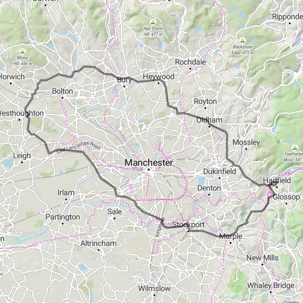 Map miniature of "Tintwistle Explorer" cycling inspiration in Greater Manchester, United Kingdom. Generated by Tarmacs.app cycling route planner