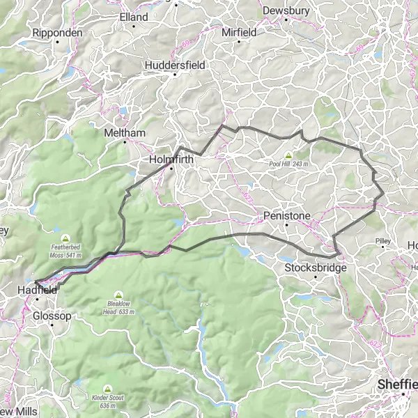 Map miniature of "Hilltop Challenge to Holmbridge" cycling inspiration in Greater Manchester, United Kingdom. Generated by Tarmacs.app cycling route planner