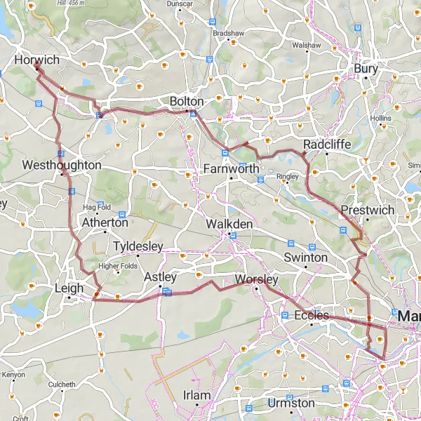 Map miniature of "Farnworth Gravel Loop" cycling inspiration in Greater Manchester, United Kingdom. Generated by Tarmacs.app cycling route planner