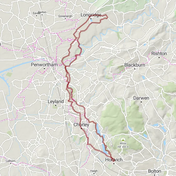 Map miniature of "Rivington and Longridge Gravel Adventure" cycling inspiration in Greater Manchester, United Kingdom. Generated by Tarmacs.app cycling route planner