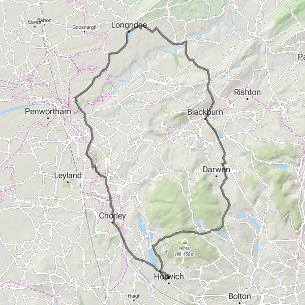 Map miniature of "Chorley Hills and Blackburn Vista" cycling inspiration in Greater Manchester, United Kingdom. Generated by Tarmacs.app cycling route planner