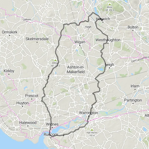 Map miniature of "Warrington and Runcorn Adventure" cycling inspiration in Greater Manchester, United Kingdom. Generated by Tarmacs.app cycling route planner