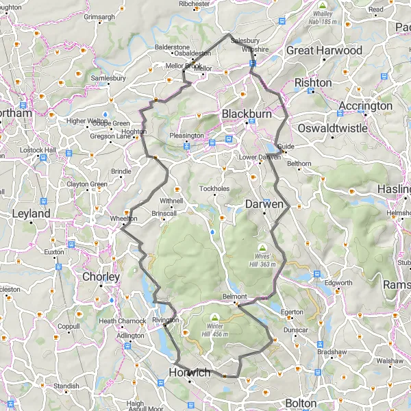 Map miniature of "Chorley and Wilpshire Road Adventure" cycling inspiration in Greater Manchester, United Kingdom. Generated by Tarmacs.app cycling route planner