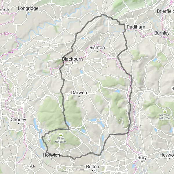 Map miniature of "The Rivington Loop" cycling inspiration in Greater Manchester, United Kingdom. Generated by Tarmacs.app cycling route planner