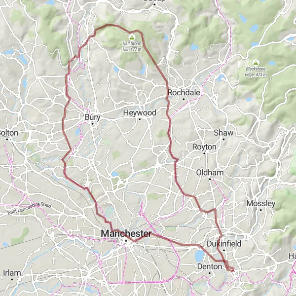 Map miniature of "Manchester Escape" cycling inspiration in Greater Manchester, United Kingdom. Generated by Tarmacs.app cycling route planner