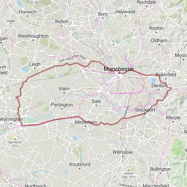 Map miniature of "Cheshire Gravel Loop" cycling inspiration in Greater Manchester, United Kingdom. Generated by Tarmacs.app cycling route planner