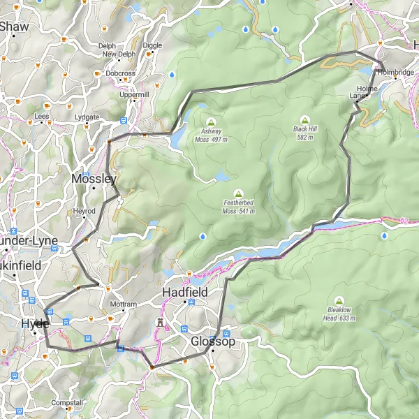 Map miniature of "Mountainous Adventure in Peak District" cycling inspiration in Greater Manchester, United Kingdom. Generated by Tarmacs.app cycling route planner