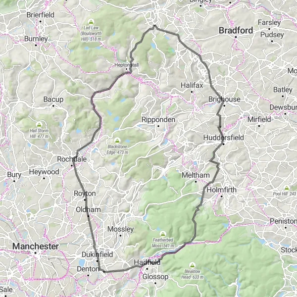 Map miniature of "Discovering the Pennines" cycling inspiration in Greater Manchester, United Kingdom. Generated by Tarmacs.app cycling route planner