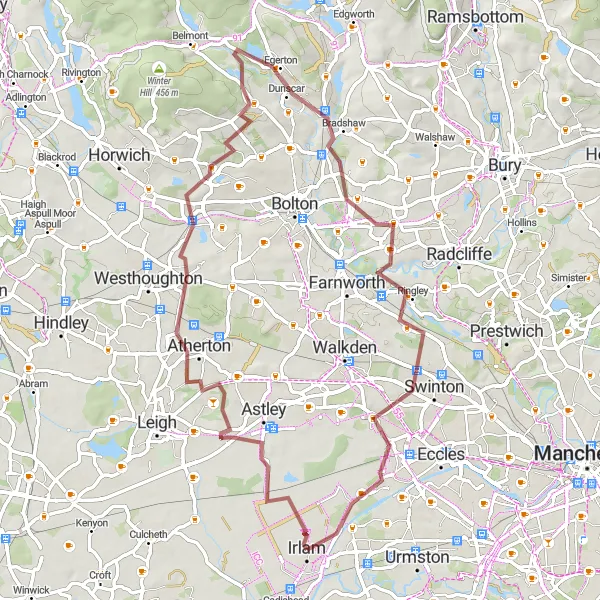 Map miniature of "Worsley and Prestolee Gravel Ride" cycling inspiration in Greater Manchester, United Kingdom. Generated by Tarmacs.app cycling route planner