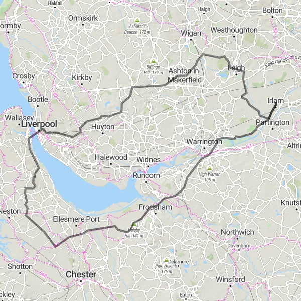 Map miniature of "Widnes and Beyond" cycling inspiration in Greater Manchester, United Kingdom. Generated by Tarmacs.app cycling route planner