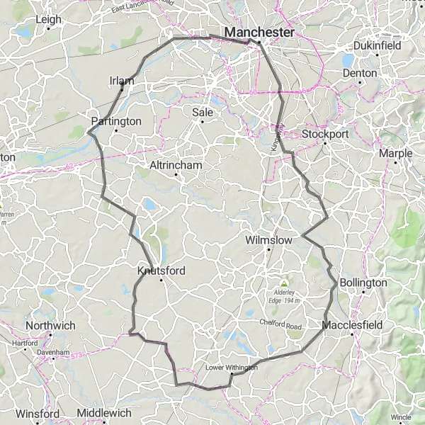 Map miniature of "Manchester Excursion" cycling inspiration in Greater Manchester, United Kingdom. Generated by Tarmacs.app cycling route planner