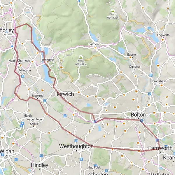 Map miniature of "Bolton and Horwich Gravel Delight" cycling inspiration in Greater Manchester, United Kingdom. Generated by Tarmacs.app cycling route planner