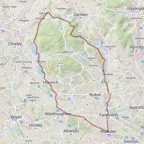 Map miniature of "Westhoughton Gravel Circuit" cycling inspiration in Greater Manchester, United Kingdom. Generated by Tarmacs.app cycling route planner