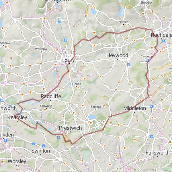 Map miniature of "Bury and Rochdale Gravel Loop" cycling inspiration in Greater Manchester, United Kingdom. Generated by Tarmacs.app cycling route planner