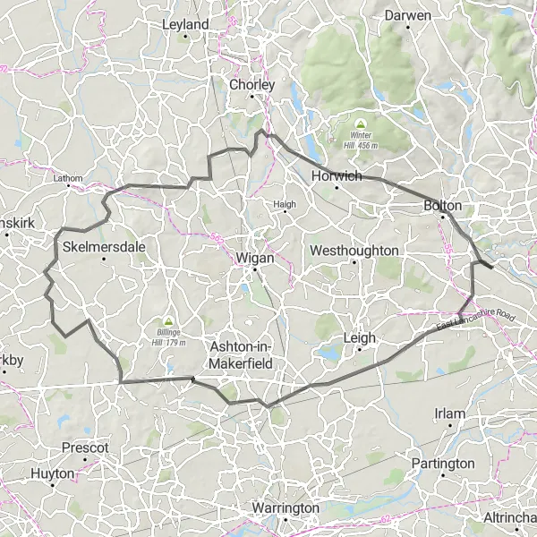 Map miniature of "Multi-District Road Challenge" cycling inspiration in Greater Manchester, United Kingdom. Generated by Tarmacs.app cycling route planner