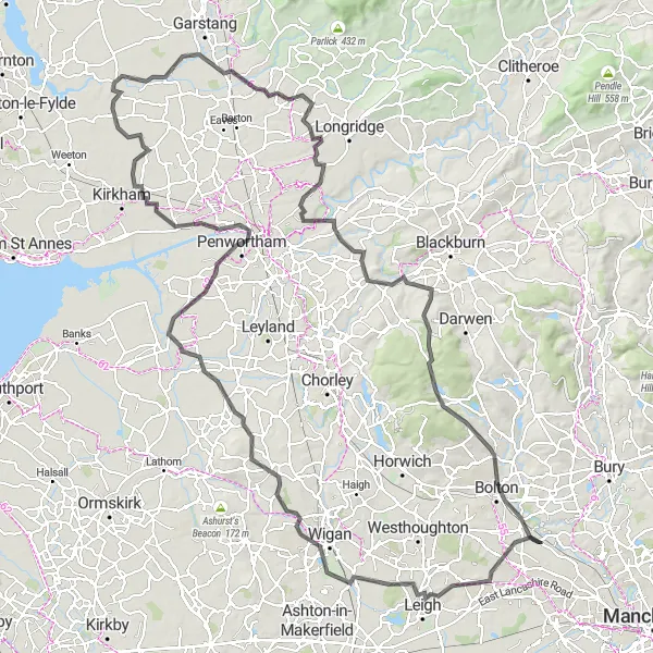 Map miniature of "Scenic Ride through Rural Landscapes" cycling inspiration in Greater Manchester, United Kingdom. Generated by Tarmacs.app cycling route planner