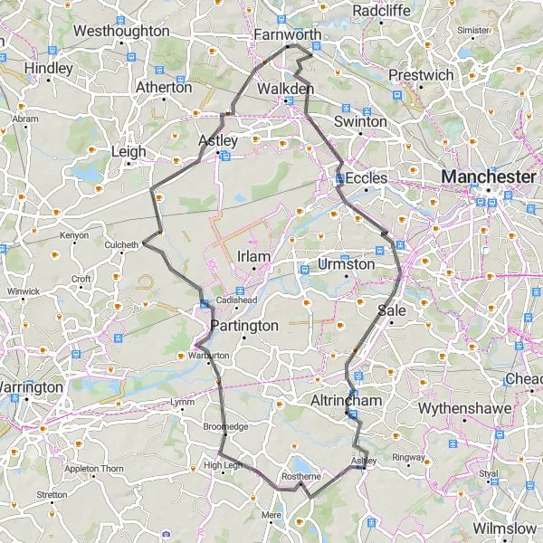 Map miniature of "Worsley and Altrincham Road Loop" cycling inspiration in Greater Manchester, United Kingdom. Generated by Tarmacs.app cycling route planner