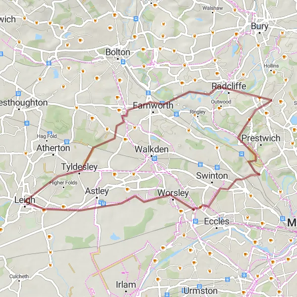 Map miniature of "Scenic Gravel Adventure" cycling inspiration in Greater Manchester, United Kingdom. Generated by Tarmacs.app cycling route planner