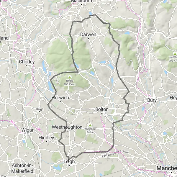 Map miniature of "Westhoughton Circular" cycling inspiration in Greater Manchester, United Kingdom. Generated by Tarmacs.app cycling route planner