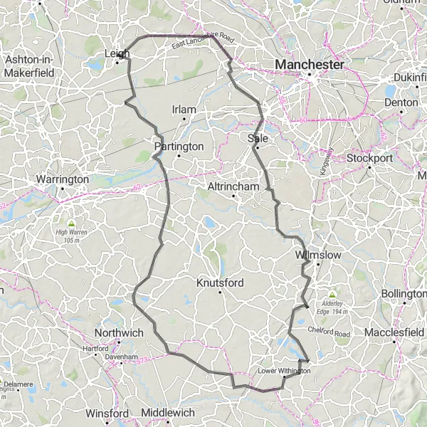 Map miniature of "Cheshire Countryside Loop" cycling inspiration in Greater Manchester, United Kingdom. Generated by Tarmacs.app cycling route planner