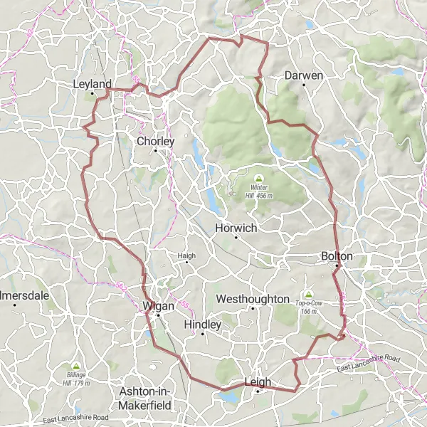 Map miniature of "Gravel Adventure through Rural Beauty" cycling inspiration in Greater Manchester, United Kingdom. Generated by Tarmacs.app cycling route planner