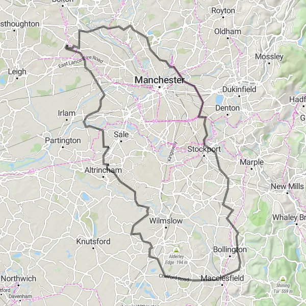 Map miniature of "Scenic Road Cycling Experience near Little Hulton" cycling inspiration in Greater Manchester, United Kingdom. Generated by Tarmacs.app cycling route planner