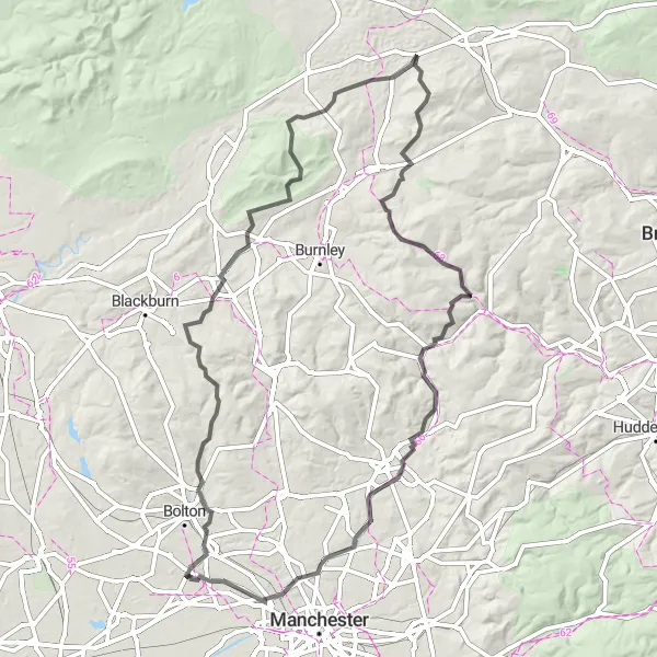 Map miniature of "Moors and Bridges Cycling Route" cycling inspiration in Greater Manchester, United Kingdom. Generated by Tarmacs.app cycling route planner