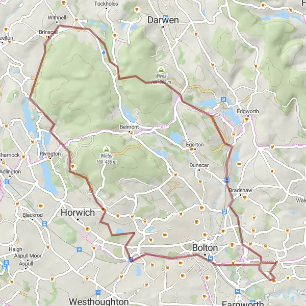 Map miniature of "Challenging Gravel Ride with Stunning Views" cycling inspiration in Greater Manchester, United Kingdom. Generated by Tarmacs.app cycling route planner