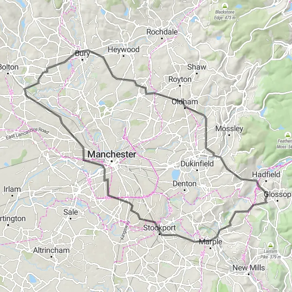 Map miniature of "The Stalybridge Challenge" cycling inspiration in Greater Manchester, United Kingdom. Generated by Tarmacs.app cycling route planner