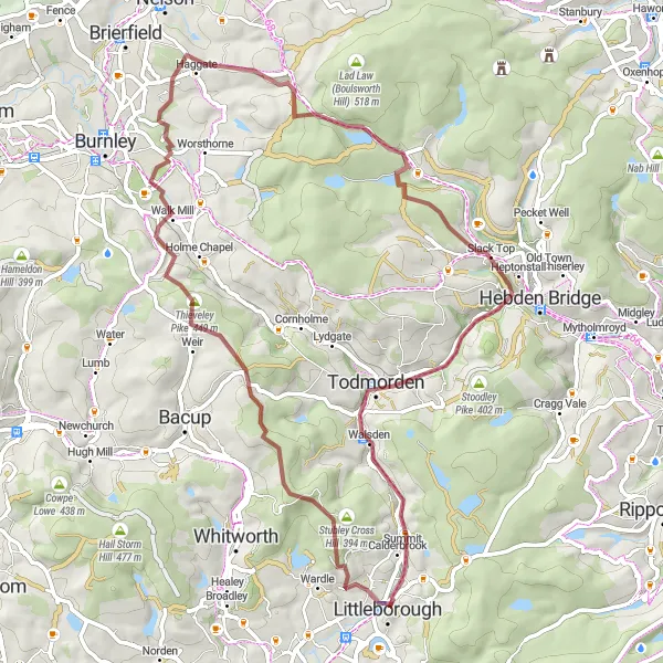 Map miniature of "Littleborough Gravel Adventure" cycling inspiration in Greater Manchester, United Kingdom. Generated by Tarmacs.app cycling route planner