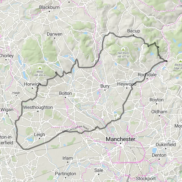 Map miniature of "Littleborough to Shore" cycling inspiration in Greater Manchester, United Kingdom. Generated by Tarmacs.app cycling route planner