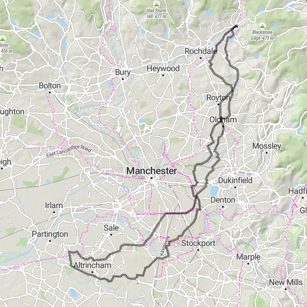 Map miniature of "Littleborough to Wythenshawe Loop" cycling inspiration in Greater Manchester, United Kingdom. Generated by Tarmacs.app cycling route planner