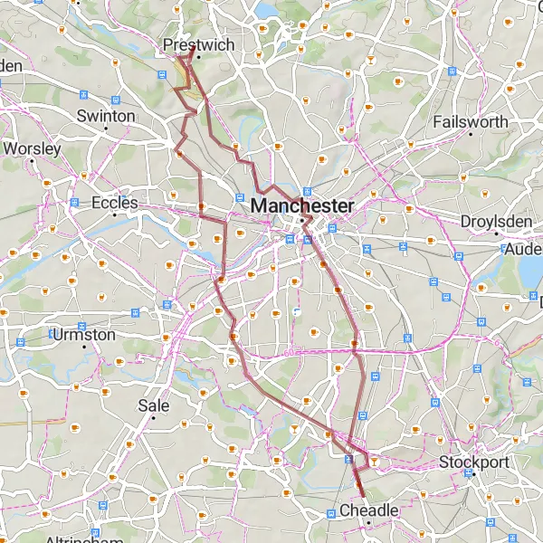 Map miniature of "The City Explorer" cycling inspiration in Greater Manchester, United Kingdom. Generated by Tarmacs.app cycling route planner