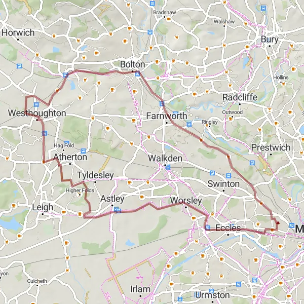 Map miniature of "The Eccles Gravel Ride" cycling inspiration in Greater Manchester, United Kingdom. Generated by Tarmacs.app cycling route planner