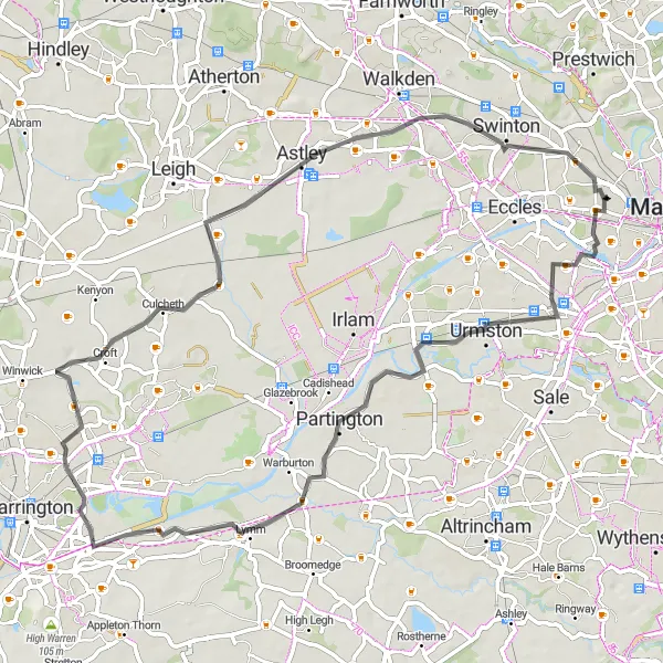 Map miniature of "Suburban Exploration" cycling inspiration in Greater Manchester, United Kingdom. Generated by Tarmacs.app cycling route planner