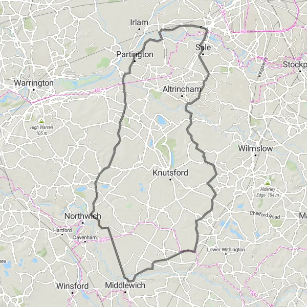 Map miniature of "Cheshire Countryside Adventure" cycling inspiration in Greater Manchester, United Kingdom. Generated by Tarmacs.app cycling route planner