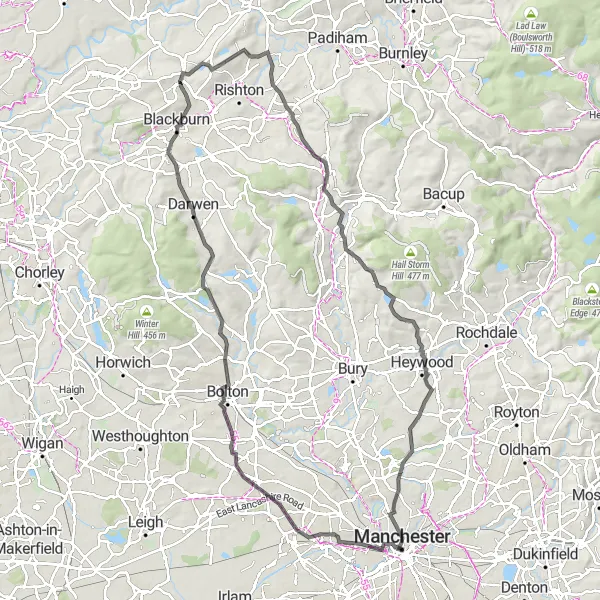 Map miniature of "The Challenging Road Ride" cycling inspiration in Greater Manchester, United Kingdom. Generated by Tarmacs.app cycling route planner