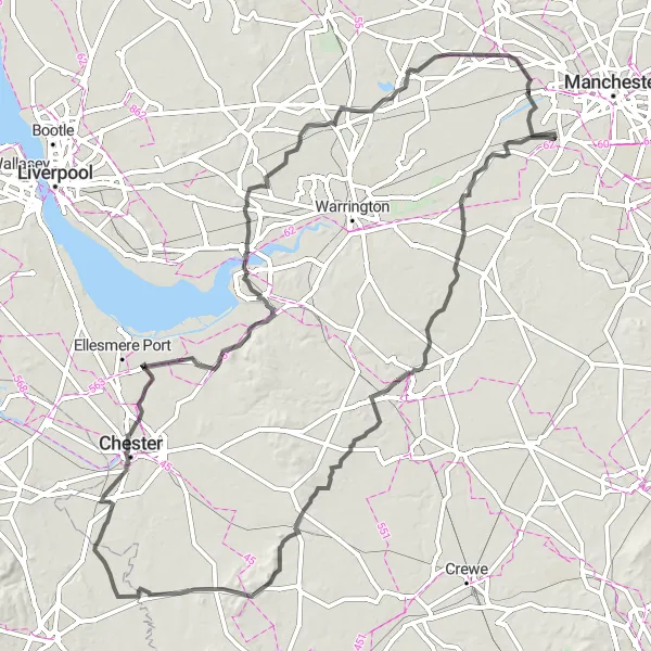 Map miniature of "The Cheshire Challenge" cycling inspiration in Greater Manchester, United Kingdom. Generated by Tarmacs.app cycling route planner