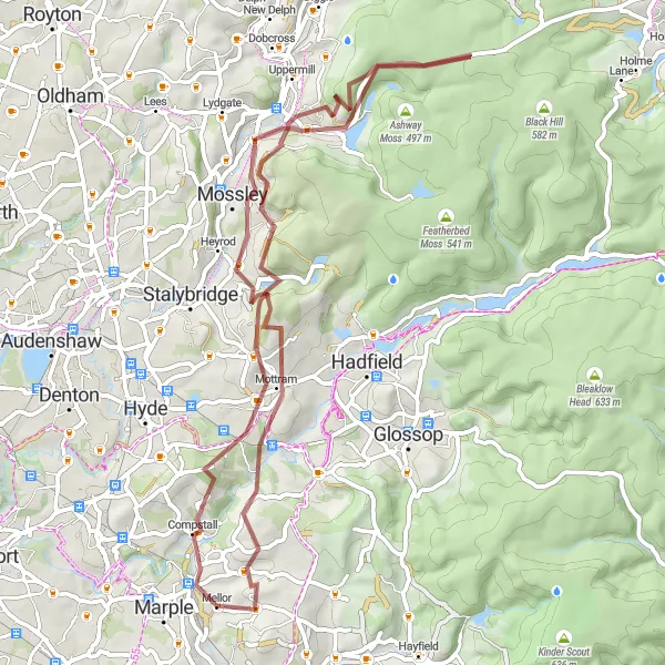 Map miniature of "Marple to Windy Harbour (Demolished Pub Site)" cycling inspiration in Greater Manchester, United Kingdom. Generated by Tarmacs.app cycling route planner