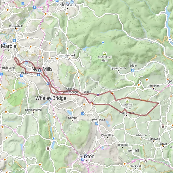 Map miniature of "Whaley Bridge Loop" cycling inspiration in Greater Manchester, United Kingdom. Generated by Tarmacs.app cycling route planner