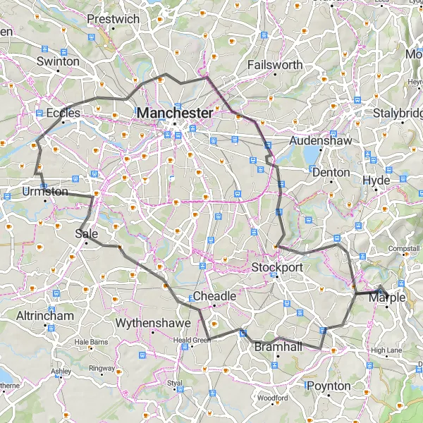 Map miniature of "Marple to Romiley Road Ride" cycling inspiration in Greater Manchester, United Kingdom. Generated by Tarmacs.app cycling route planner