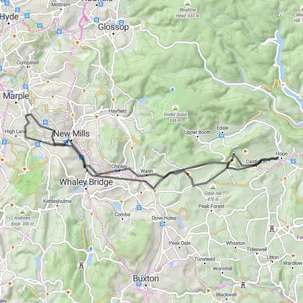 Map miniature of "Marple Hills Road Ride" cycling inspiration in Greater Manchester, United Kingdom. Generated by Tarmacs.app cycling route planner