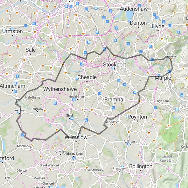 Map miniature of "Scenic Cheshire Tour" cycling inspiration in Greater Manchester, United Kingdom. Generated by Tarmacs.app cycling route planner
