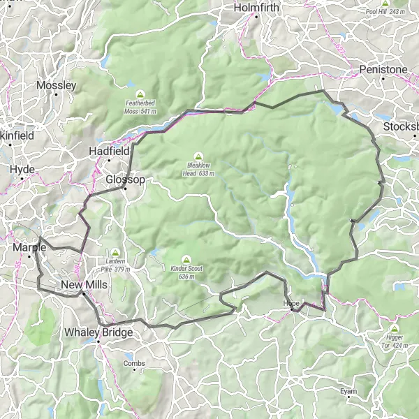 Map miniature of "Glossop Century Ride" cycling inspiration in Greater Manchester, United Kingdom. Generated by Tarmacs.app cycling route planner