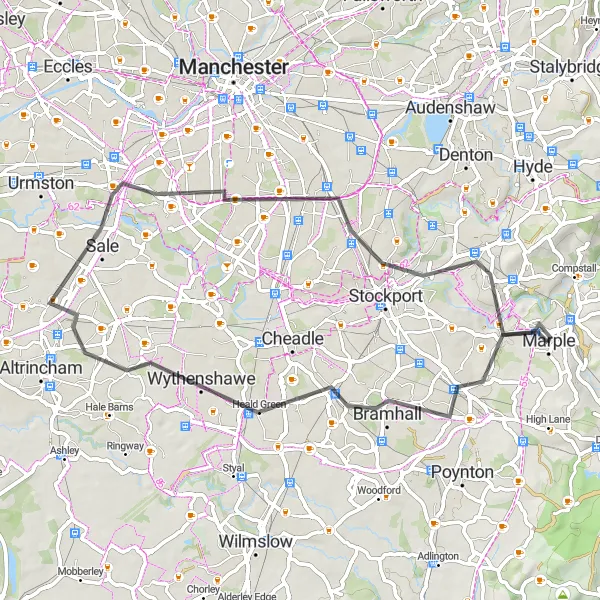 Map miniature of "Sale and Beyond" cycling inspiration in Greater Manchester, United Kingdom. Generated by Tarmacs.app cycling route planner