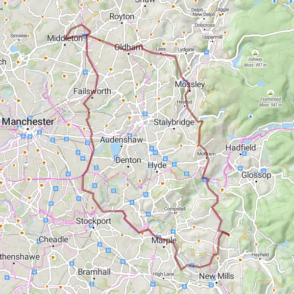 Map miniature of "Oldham Gravel Explorer" cycling inspiration in Greater Manchester, United Kingdom. Generated by Tarmacs.app cycling route planner