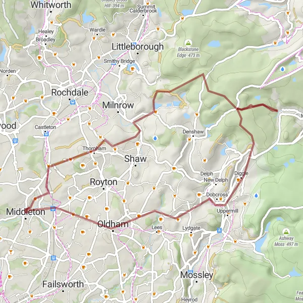 Map miniature of "The Pennine Escape" cycling inspiration in Greater Manchester, United Kingdom. Generated by Tarmacs.app cycling route planner