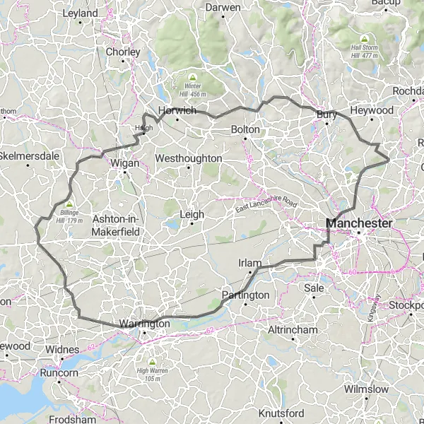 Map miniature of "Manchester Odyssey" cycling inspiration in Greater Manchester, United Kingdom. Generated by Tarmacs.app cycling route planner
