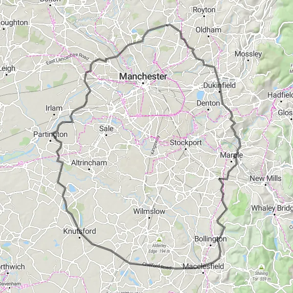 Map miniature of "Cheshire Challenge" cycling inspiration in Greater Manchester, United Kingdom. Generated by Tarmacs.app cycling route planner